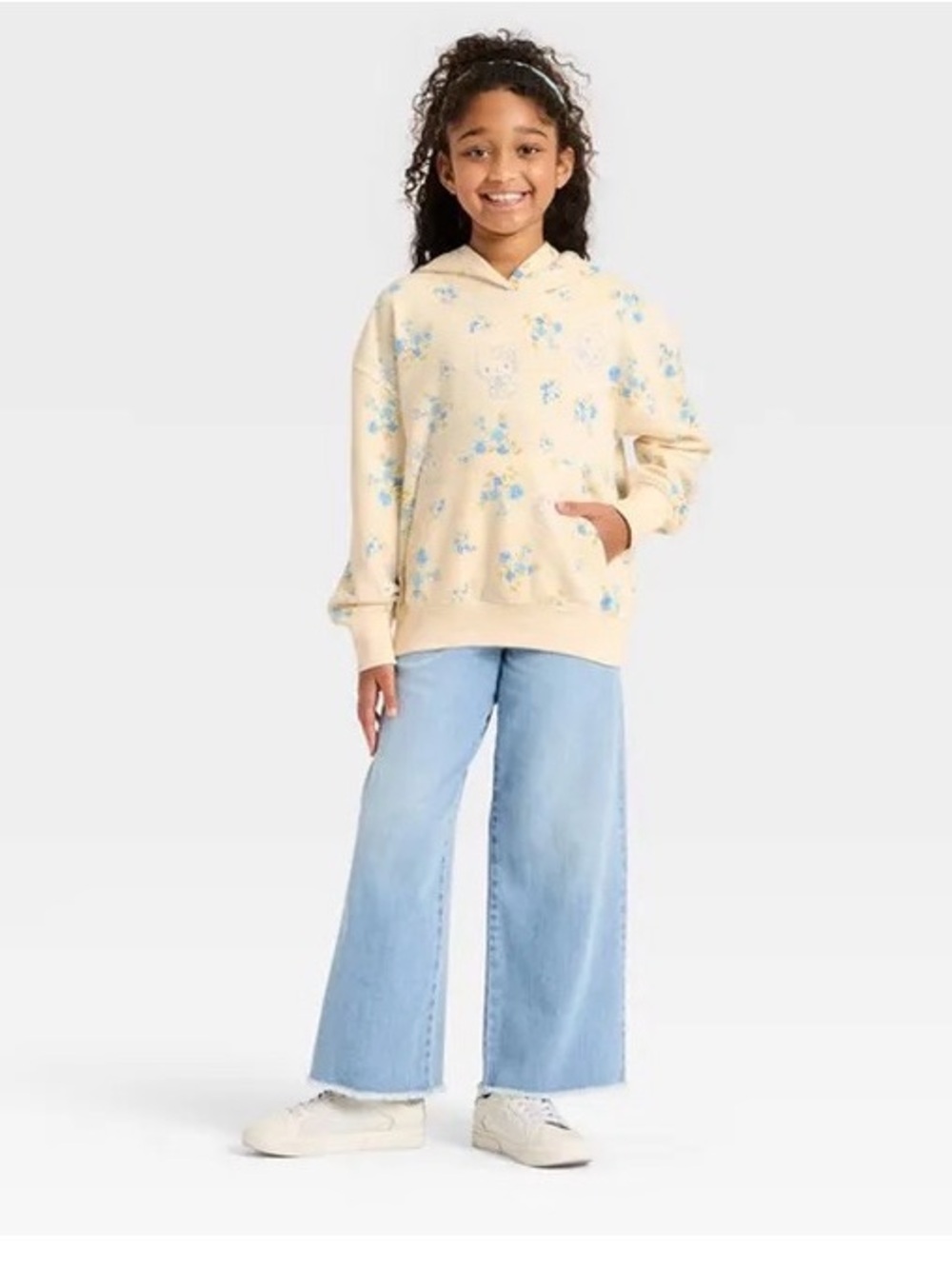 Hello Kitty Girls' Floral Printed Hoodie Pullover Sweatshirt,  - Cream
